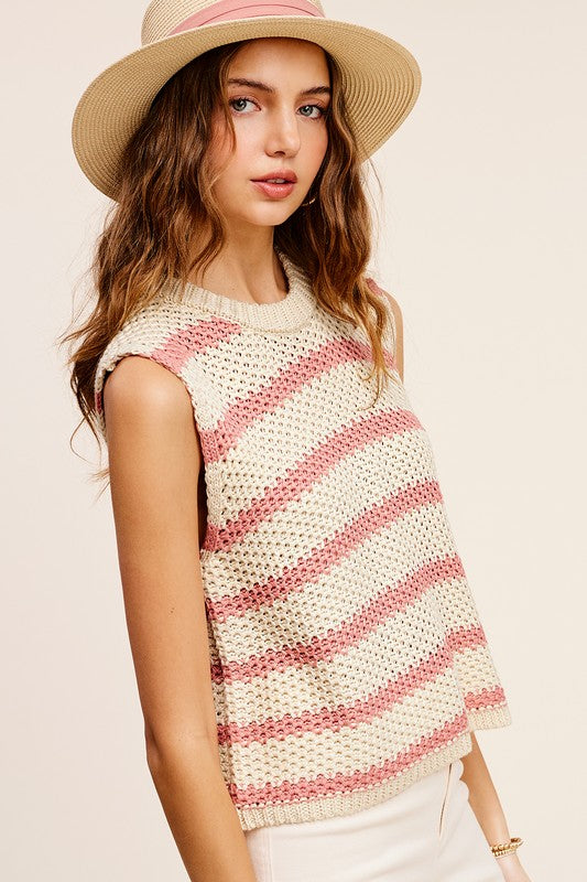 Pink and White Striped Sleeveless Knit Top