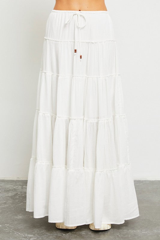 Off White Tiered Maxi Skirt with Drawstring