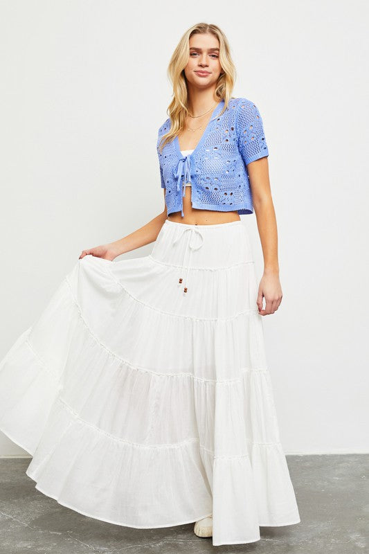 Off White Tiered Maxi Skirt with Drawstring 