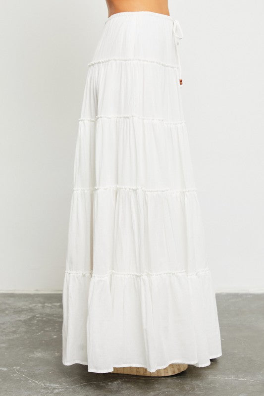 Off White Tiered Maxi Skirt with Drawstring