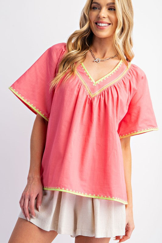 Coral V-Neck Embo Poly Linen Top