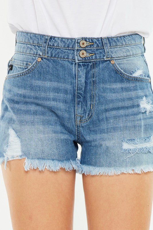Kancan High Rise Distressed Denim Shorts with Double Button and Frayed Hem