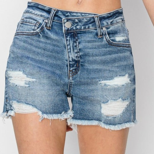 High Rise Cross Over Side Slit Shorts Dark Wash and Distressed