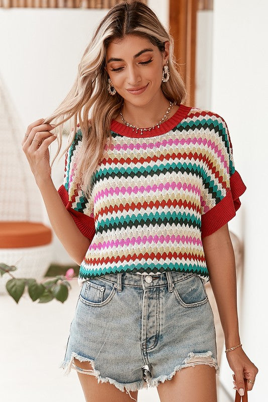 Multi-Color Stripped Short Sleeve Knit Top