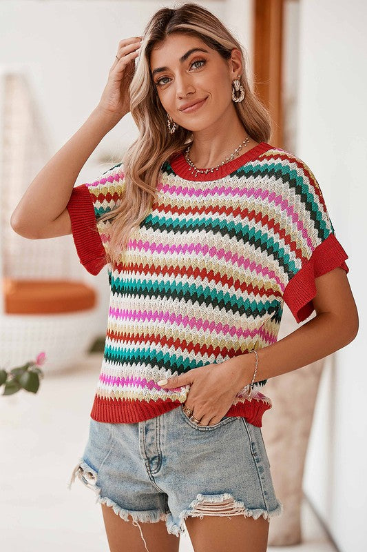 Multi-Color Stripped Short Sleeve Knit Top