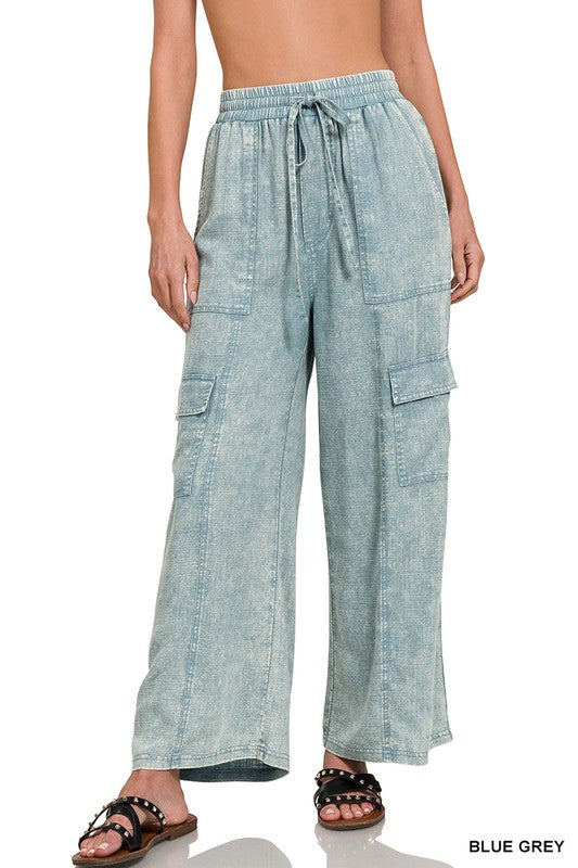 Blue Grey Washed Linen Cargo Pants