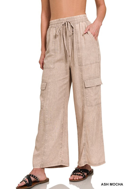 Dusty Pink Washed Linen Cargo Pants
