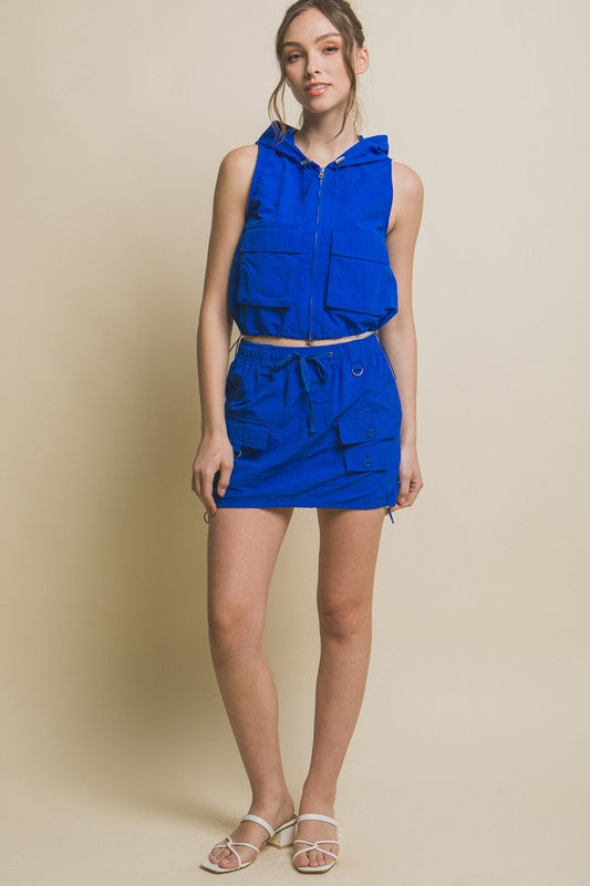 Blue Drawstring Cargo Mini Skirt with Pockets