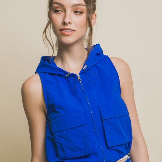 Blue Sleeveless Cargo Vest with Front Pockets and Hood
