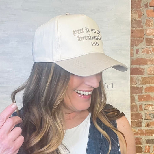 Beige "Put it on My Husbands Tab" Embroidered Trucker Hat
