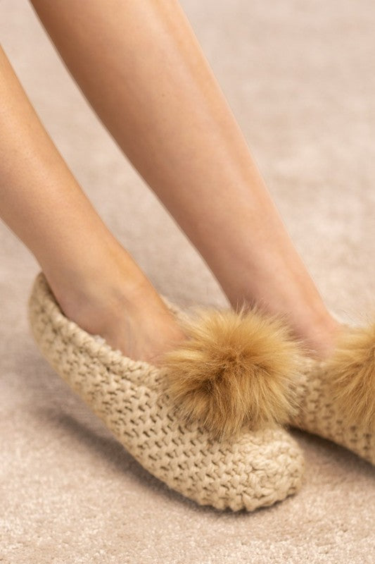 Jessica Knitted Slippers With Fur Pom Poms