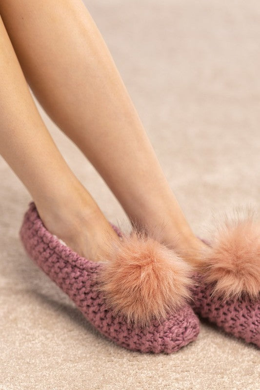 Jessica Knitted Slippers With Fur Pom Poms