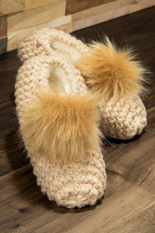 Jessica Knitted Slippers With Fur Pom Poms