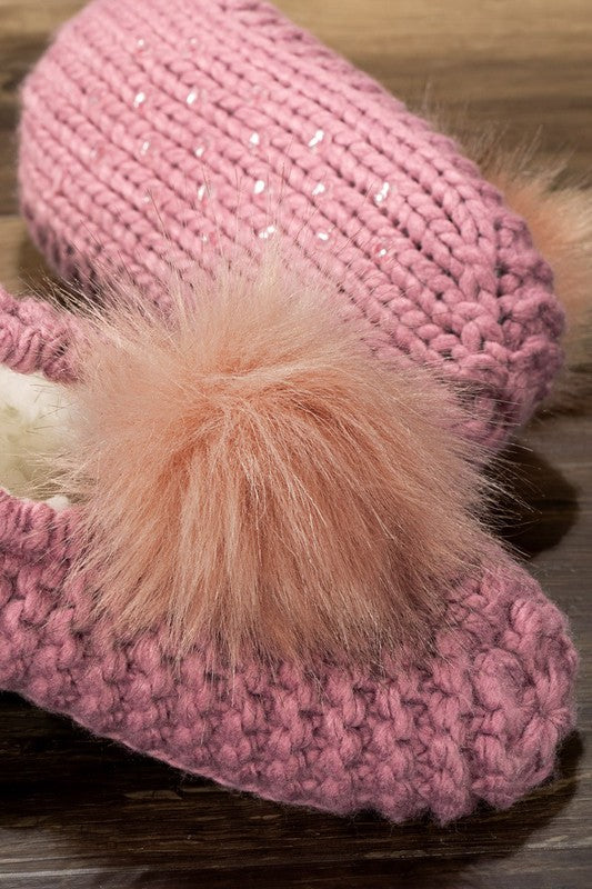 Jessica Knitted Slippers With Fur Pom Poms