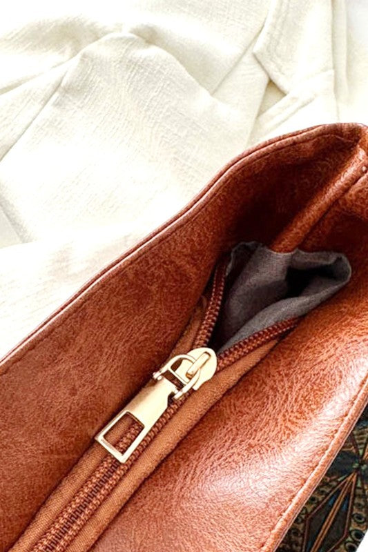 Close-up of a brown leather bag with a gold zipper on a white fabric background
