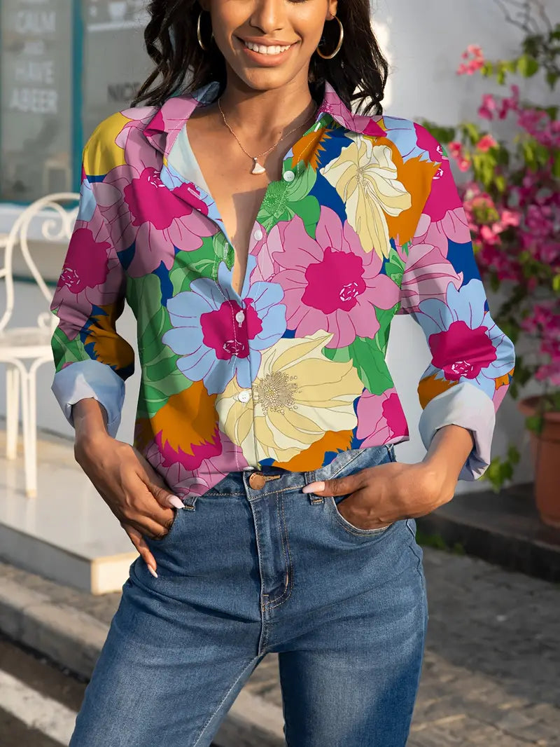 Hot Pink Floral Button-Down Blouse