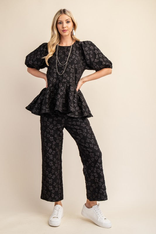 Black Floral Print Jacquard Cropped Pants 