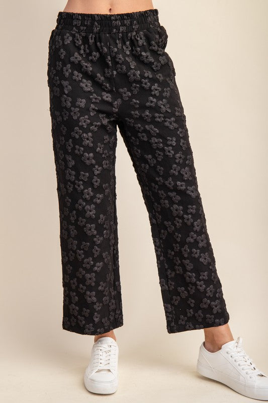 Black Floral Print Jacquard Cropped Pants 