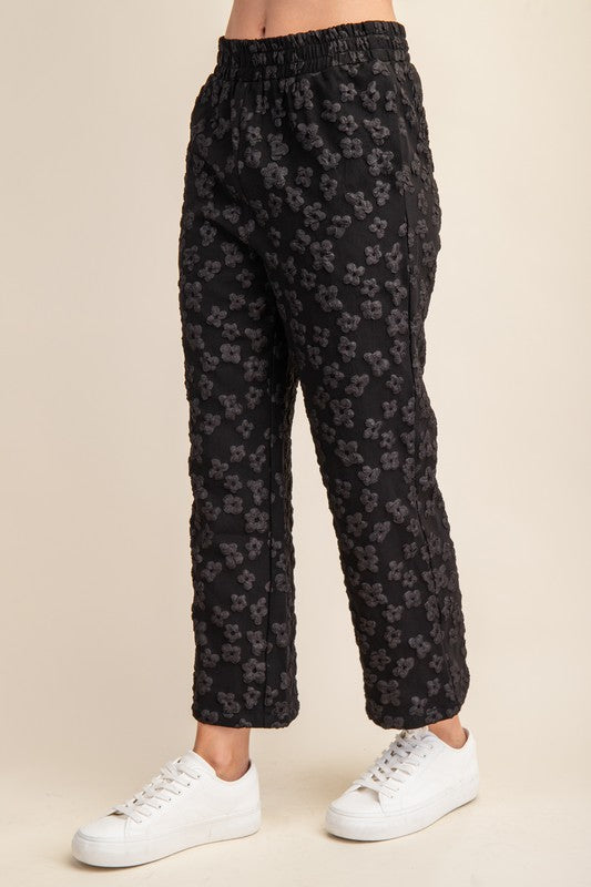 Black Floral Print Jacquard Cropped Pants 