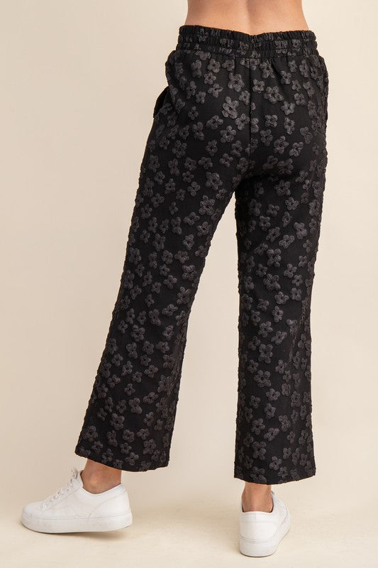 Black Floral Print Jacquard Cropped Pants 