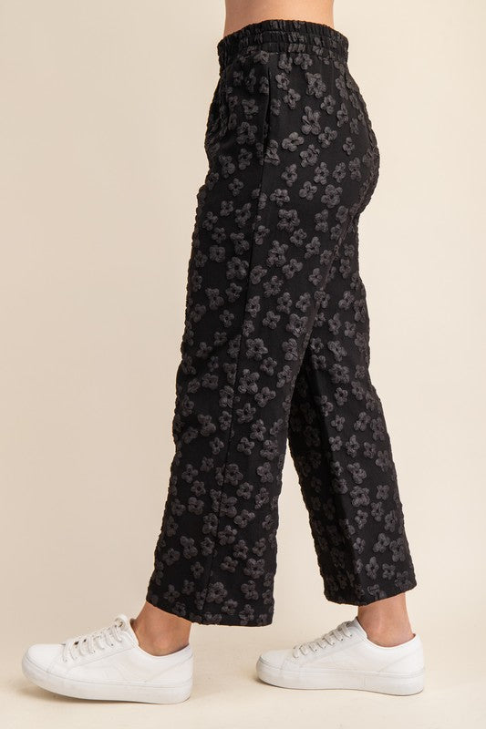 Black Floral Print Jacquard Cropped Pants 