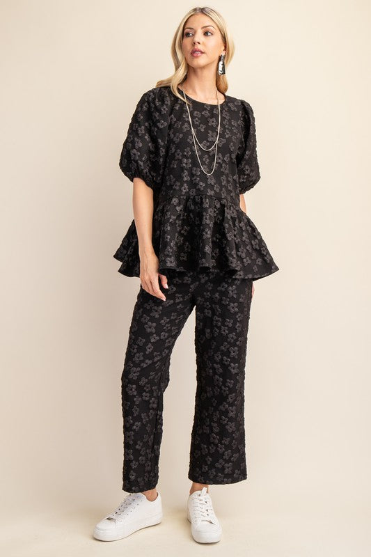 Black Floral Print Jacquard Cropped Pants 