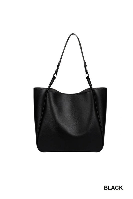 Black leather tote bag on a white background