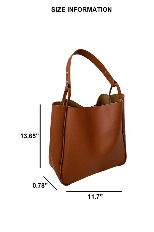 Brown handbag with size measurements on a white background