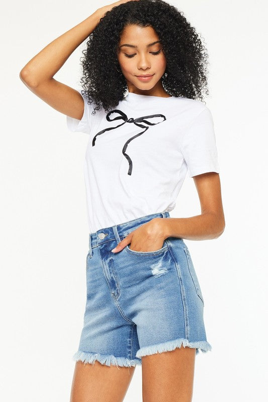 KanCan High Rise Frayed Hem Stretch Denim Shorts