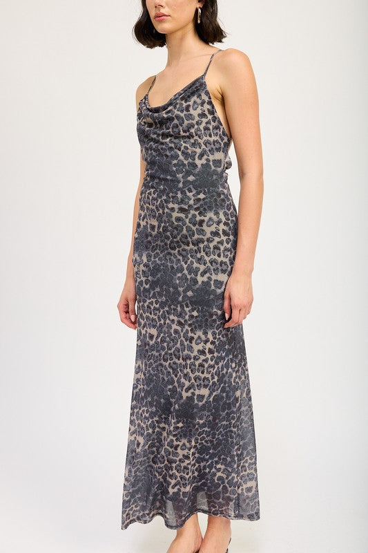 Grey Leopard Print Cowl Neck Maxi Dress