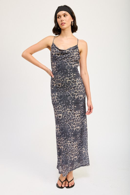 Grey Leopard Print Cowl Neck Maxi Dress