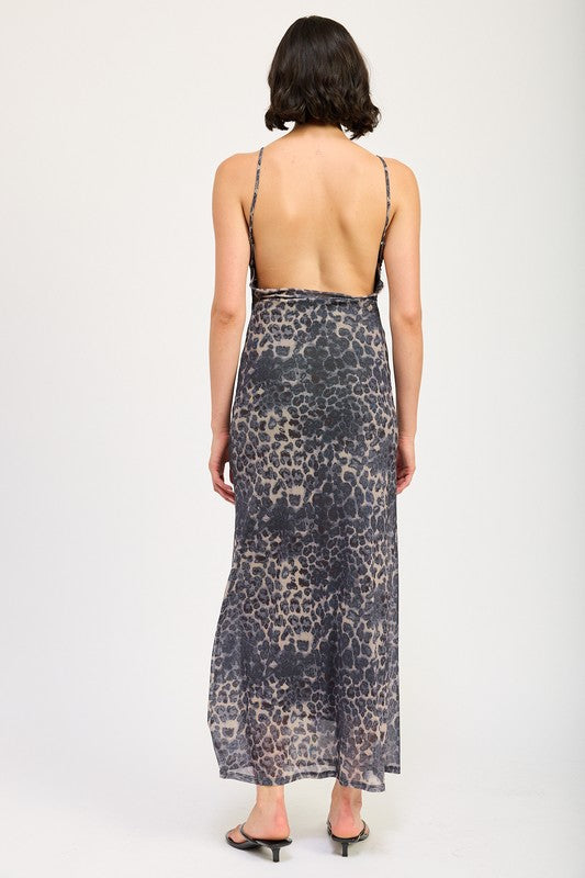 Grey Leopard Print Cowl Neck Maxi Dress