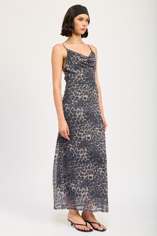 Grey Leopard Print Cowl Neck Maxi Dress