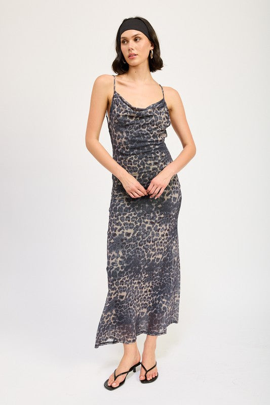 Grey Leopard Print Cowl Neck Maxi Dress