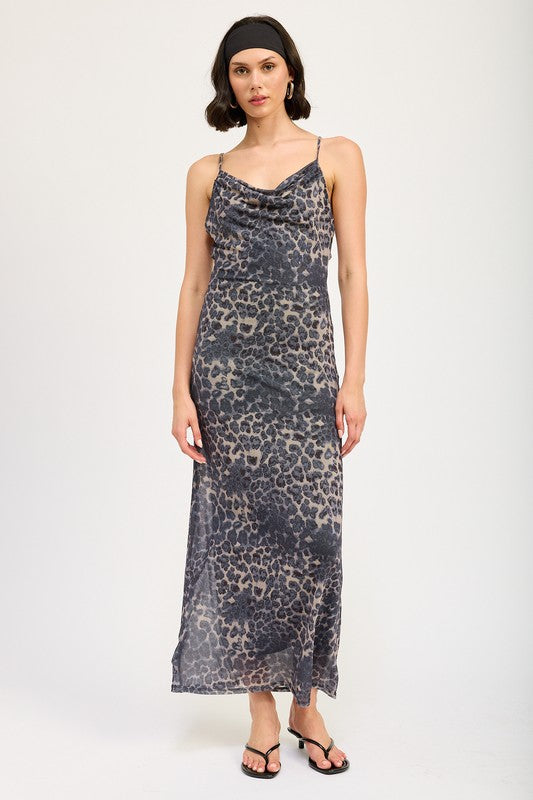 Grey Leopard Print Cowl Neck Maxi Dress