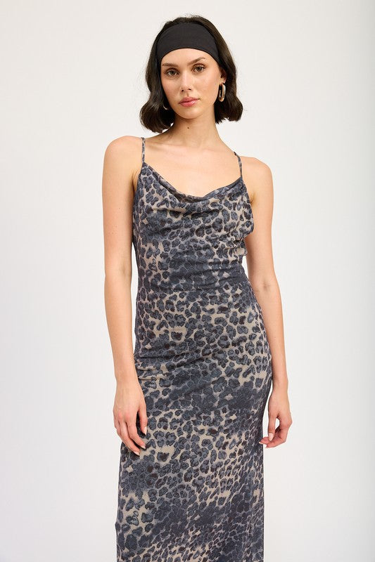 Grey Leopard Print Cowl Neck Maxi Dress