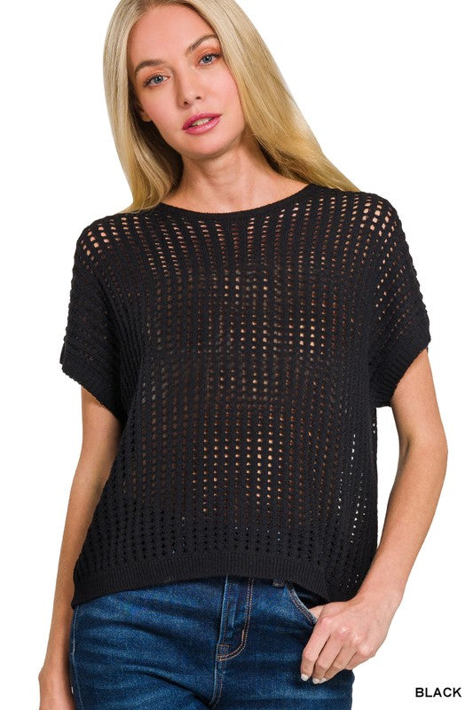 Black Viscose Crochet Knit Sheer Hollow Sweater