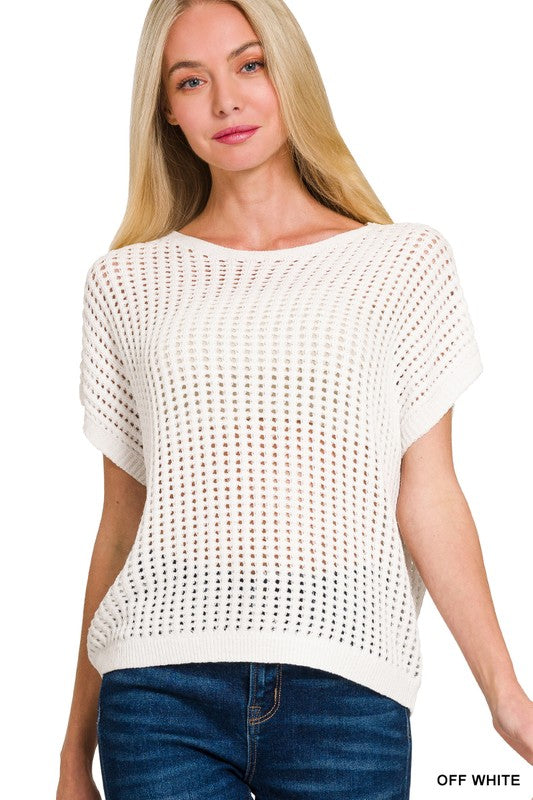 White Viscose Crochet Knit Sheer Hollow Sweater