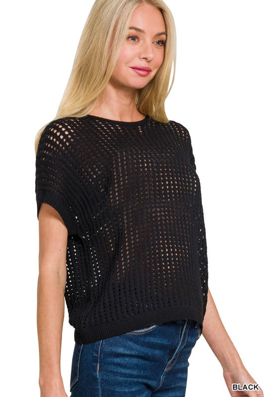 Black Viscose Crochet Knit Sheer Hollow Sweater