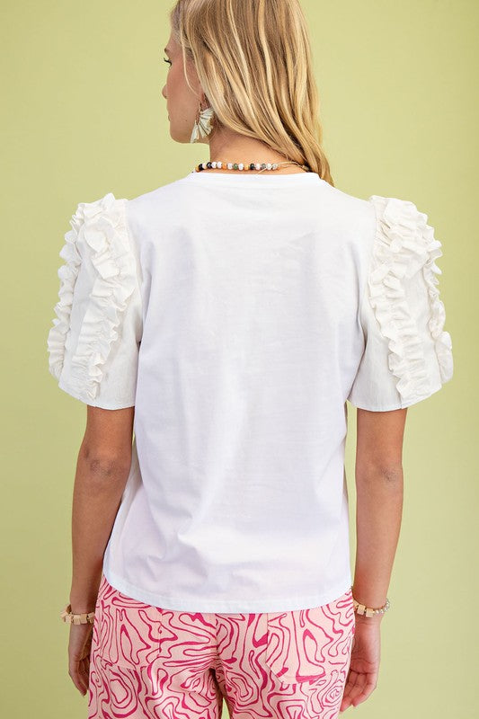 White Round Neck Cotton Puff Sleeve Top