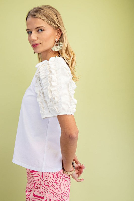 White Round Neck Cotton Puff Sleeve Top