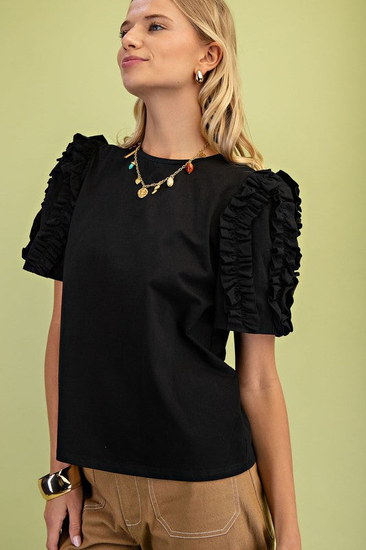Black Round Neck Cotton Puff Sleeve Top