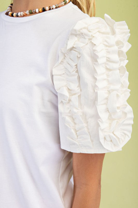 White Round Neck Cotton Puff Sleeve Top