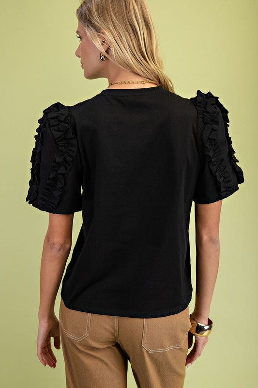 Black Round Neck Cotton Puff Sleeve Top