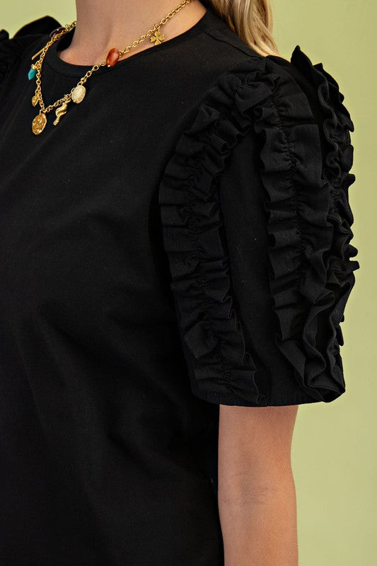 Black Round Neck Cotton Puff Sleeve Top