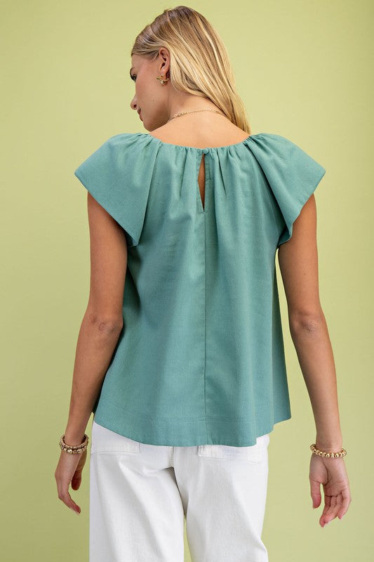 Dusty Mint Linen V-Neck Top with Padded Cap Sleeve