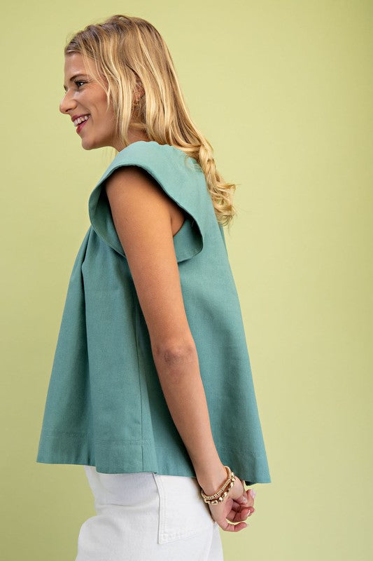 Dusty Mint Linen V-Neck Top with Padded Cap Sleeve
