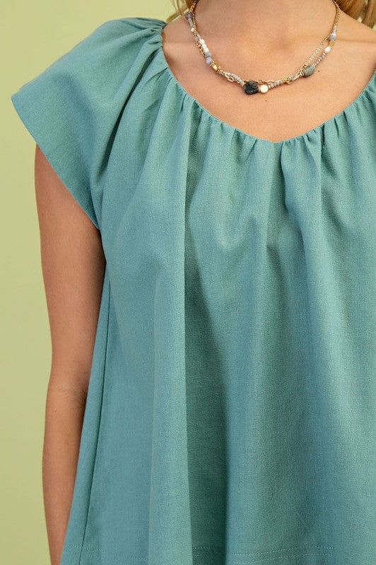 Dusty Mint Linen V-Neck Top with Padded Cap Sleeve