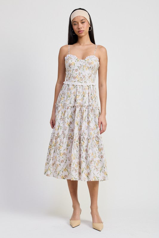 Light Yellow Floral Midi Corset Dress with Spaghetti Straps