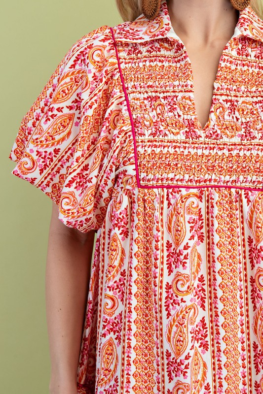 Pink Mix Paisley Print Mnini Dress with Puff Sleeves
